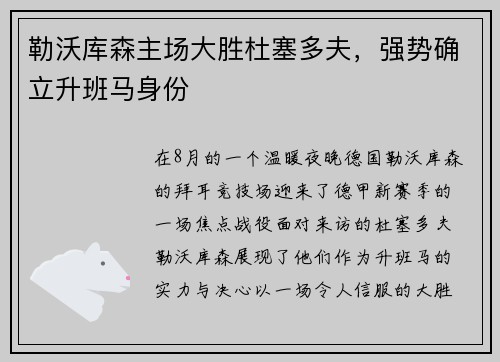 勒沃库森主场大胜杜塞多夫，强势确立升班马身份